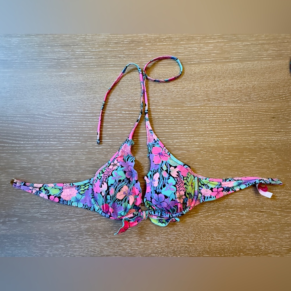 VICTORIA'S SECRET 34B Neon Floral Halter Bikini Top Swimwear EUC